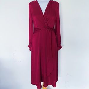 Express Long Sleeve Twist Front Burgundy Satin Dress